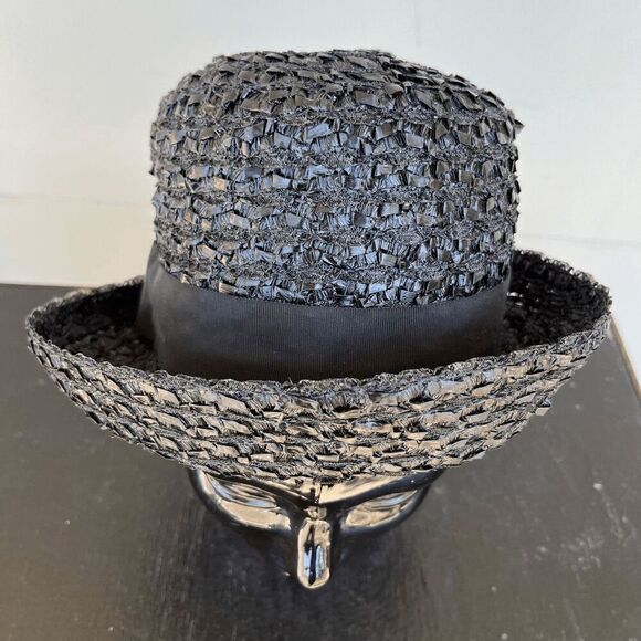 Vintage 50s Black Straw Cloche Hat • Grosgrain Bow, Up-Turn Brim - Picture 4 of 13